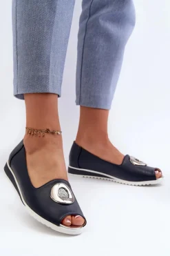 Czółenka Damskie Z Ozdobą Eko Skórzane Granatowe Biolita