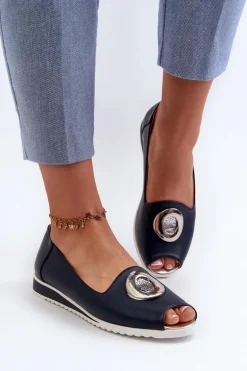 Czółenka Damskie Z Ozdobą Eko Skórzane Granatowe Biolita