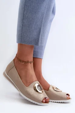 Czółenka Damskie Z Ozdobą Eko Skórzane Złote Biolita