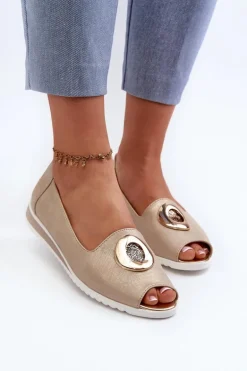 Czółenka Damskie Z Ozdobą Eko Skórzane Złote Biolita