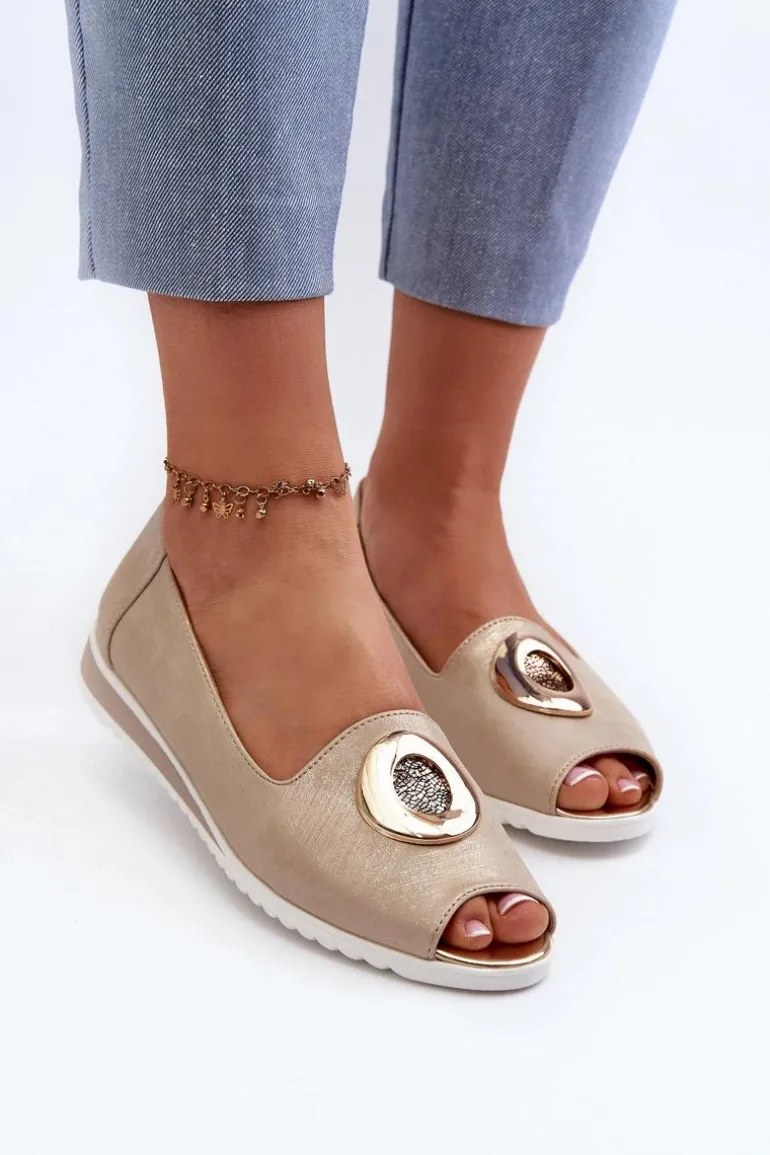 Czółenka Damskie Z Ozdobą Eko Skórzane Złote Biolita