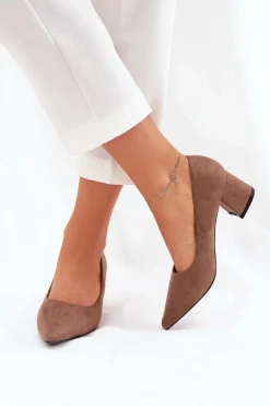 Czółenka Damskie Ze Szpiczastymi Noskami Na Słupku Khaki Merinette