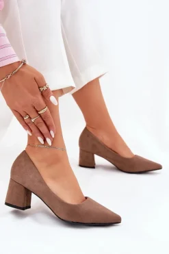 Czółenka Damskie Ze Szpiczastymi Noskami Na Słupku Khaki Merinette