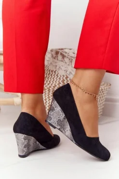 Czółenka Na Koturnie Sergio Leone PB767 Wężowe Czarne