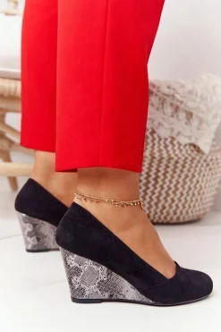 Czółenka Na Koturnie Sergio Leone PB767 Wężowe Czarne