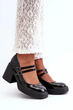 Czółenka Na Masywnym Obcasie Lakierowane Czarne Halmina