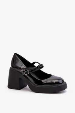 Czółenka Na Masywnym Obcasie Lakierowane Czarne Halmina