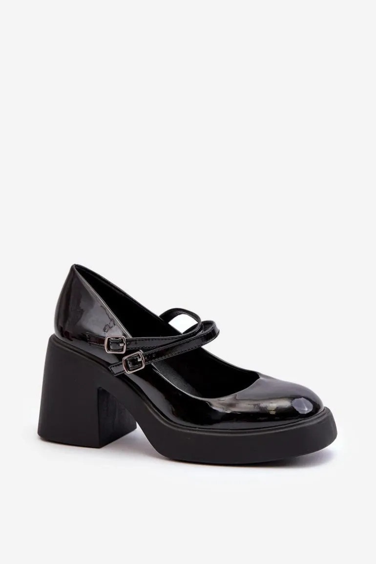 Czółenka Na Masywnym Obcasie Lakierowane Czarne Halmina