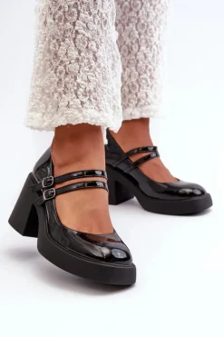 Czółenka Na Masywnym Obcasie Lakierowane Czarne Halmina