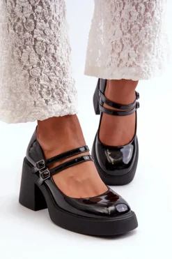 Czółenka Na Masywnym Obcasie Lakierowane Czarne Halmina
