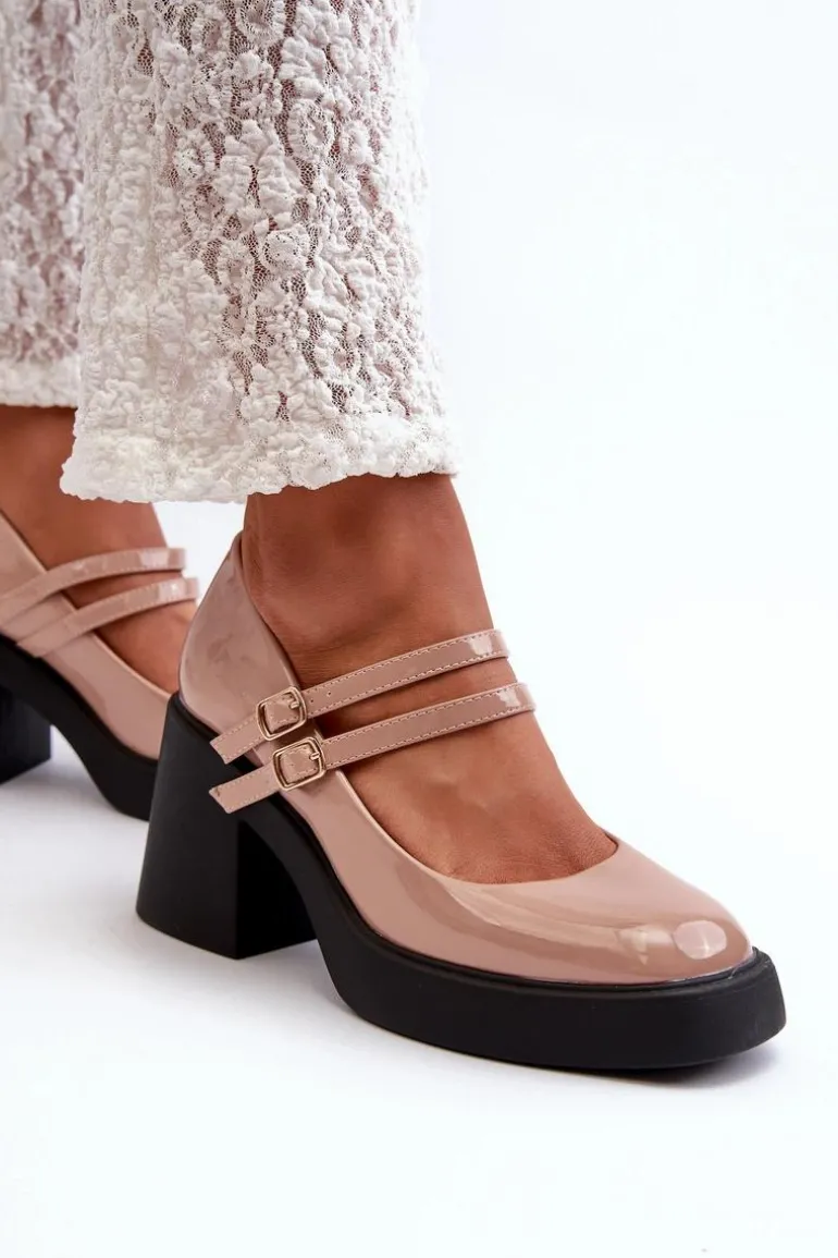 Czółenka Na Masywnym Obcasie Lakierowane Ciemnobeżowe Halmina