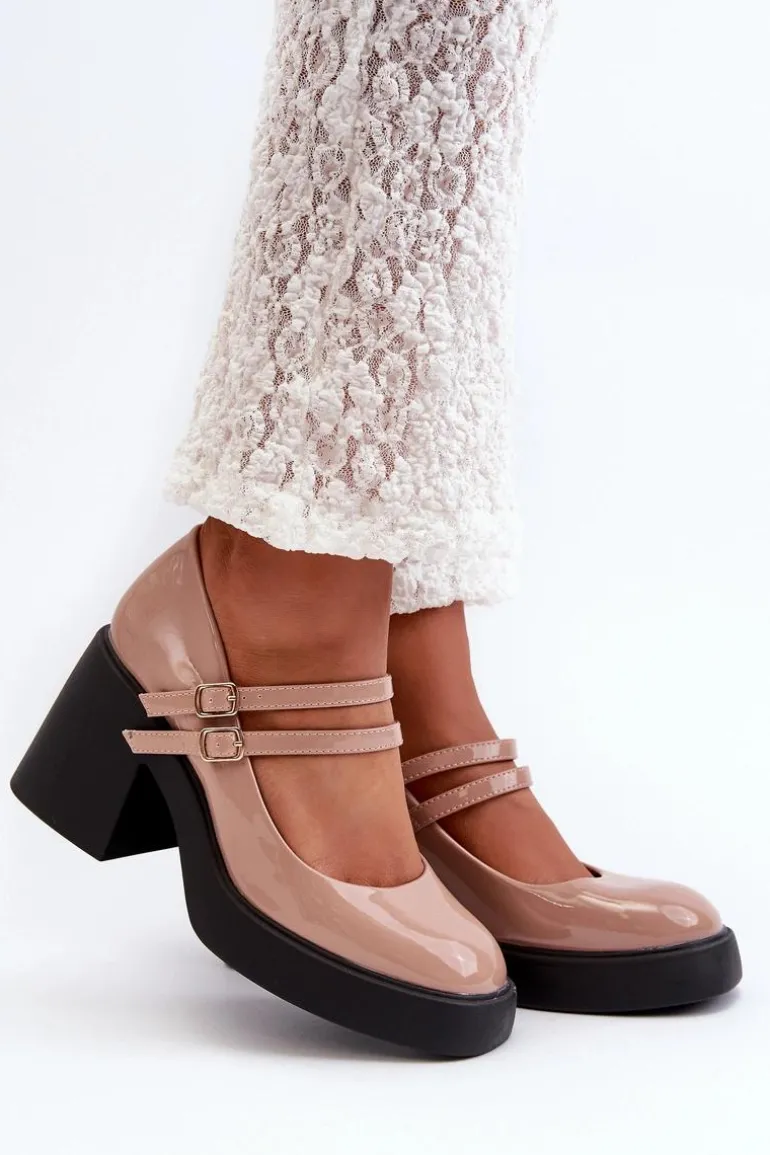 Czółenka Na Masywnym Obcasie Lakierowane Ciemnobeżowe Halmina