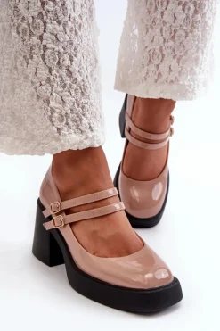 Czółenka Na Masywnym Obcasie Lakierowane Ciemnobeżowe Halmina