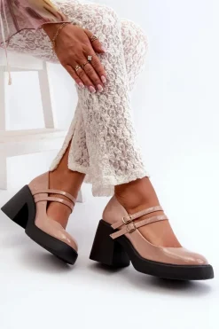 Czółenka Na Masywnym Obcasie Lakierowane Ciemnobeżowe Halmina