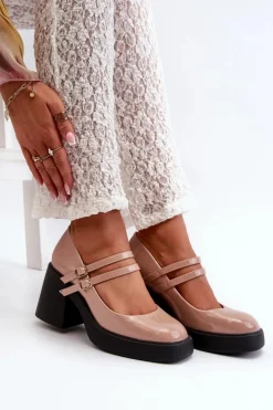 Czółenka Na Masywnym Obcasie Lakierowane Ciemnobeżowe Halmina