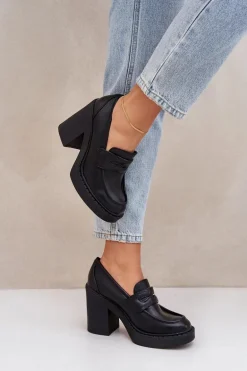 Czółenka Na Masywnym Słupku Z Eko Skóry Czarne Eminza