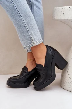 Czółenka Na Masywnym Słupku Z Eko Skóry Czarne Eminza