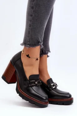 Czółenka Na Masywnym Słupku Z Ozdobą Czarne Oradna