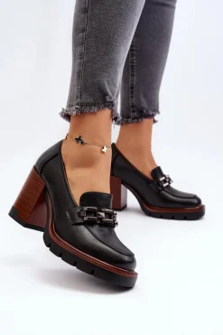 Czółenka Na Masywnym Słupku Z Ozdobą Czarne Oradna