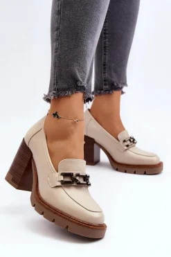 Czółenka Na Masywnym Słupku Z Ozdobą Beżowe Oradna