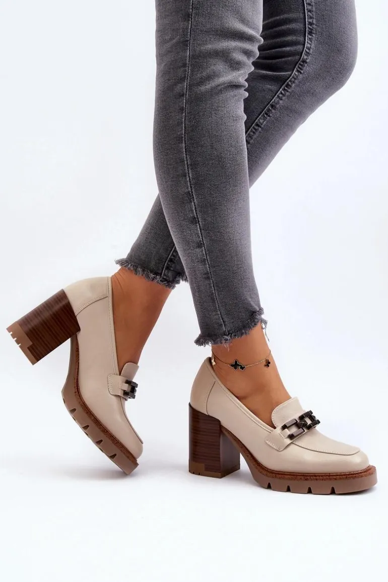 Czółenka Na Masywnym Słupku Z Ozdobą Beżowe Oradna