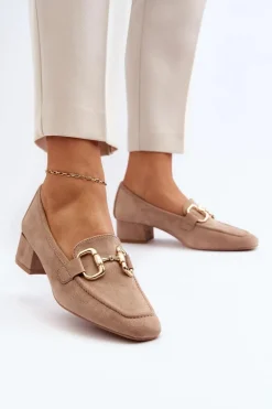 Czółenka Na Niskim Obcasie Klocku Z Ozdobą Beżowe Dolvira