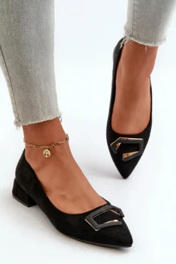 Czółenka Na Niskim Obcasie Z Ozdobą Eko Zamszowe S.Barski KV27-034 Czarne