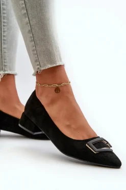 Czółenka Na Niskim Obcasie Z Ozdobą Eko Zamszowe S.Barski KV27-034 Czarne