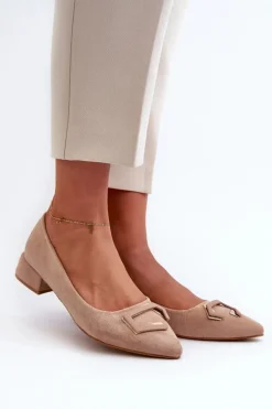 Czółenka Na Niskim Obcasie Z Ozdobą Eko Zamszowe S.Barski KV27-034 Beżowe