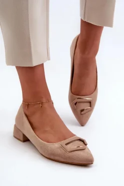 Czółenka Na Niskim Obcasie Z Ozdobą Eko Zamszowe S.Barski KV27-034 Beżowe