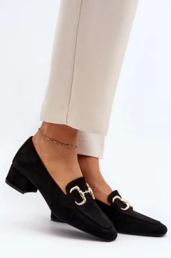 Czółenka Na Niskim Obcasie Klocku Z Ozdobą Czarne Dolvira