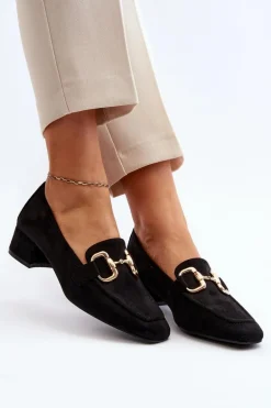 Czółenka Na Niskim Obcasie Klocku Z Ozdobą Czarne Dolvira