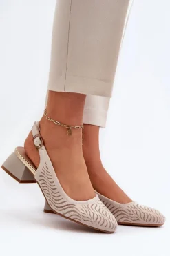 Czółenka Na Obcasie Klocku Beżowe Gemifa