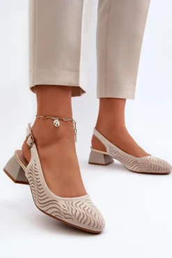 Czółenka Na Obcasie Klocku Beżowe Gemifa
