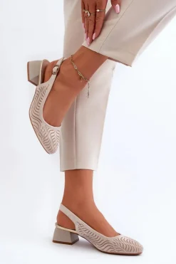 Czółenka Na Obcasie Klocku Beżowe Gemifa