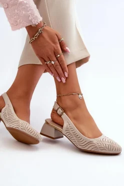 Czółenka Na Obcasie Klocku Beżowe Gemifa