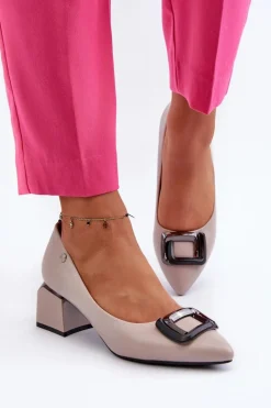 Czółenka Na Obcasie Klocku Z Ozdobą Eko Skórzane Szare Sarala