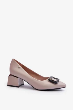 Czółenka Na Obcasie Klocku Z Ozdobą Eko Skórzane Szare Sarala