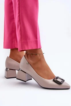 Czółenka Na Obcasie Klocku Z Ozdobą Eko Skórzane Szare Sarala