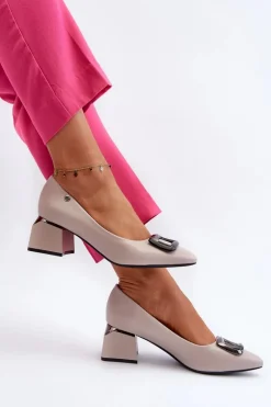 Czółenka Na Obcasie Klocku Z Ozdobą Eko Skórzane Szare Sarala