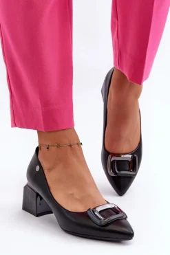 Czółenka Na Obcasie Klocku Z Ozdobą Eko Skórzane Czarne Sarala