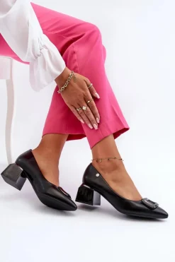 Czółenka Na Obcasie Klocku Z Ozdobą Eko Skórzane Czarne Sarala