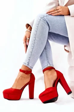 Czółenka Na Słupku Platformie Zamszowe Czerwone Netel