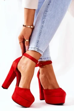 Czółenka Na Słupku Platformie Zamszowe Czerwone Netel