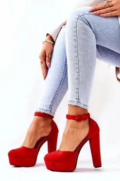 Czółenka Na Słupku Platformie Zamszowe Czerwone Netel