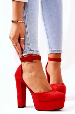 Czółenka Na Słupku Platformie Zamszowe Czerwone Netel