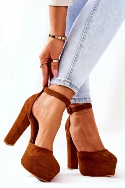 Czółenka Na Słupku Platformie Zamszowe Camel Netel