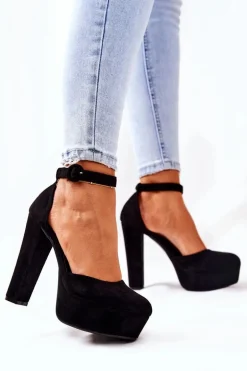 Czółenka Na Słupku Platformie Zamszowe Czarne Netel