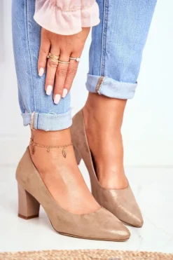 Czółenka Na Słupku Sergio Leone PB403 Połyskujące Beżowe