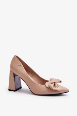 Czółenka Na Słupku Z Kokardą Beżowe Ariemessa